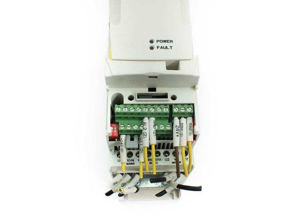 ABB ACS355 VFD close-up of bottom terminal block area showing power and control wiring terminals with colored lead wires
