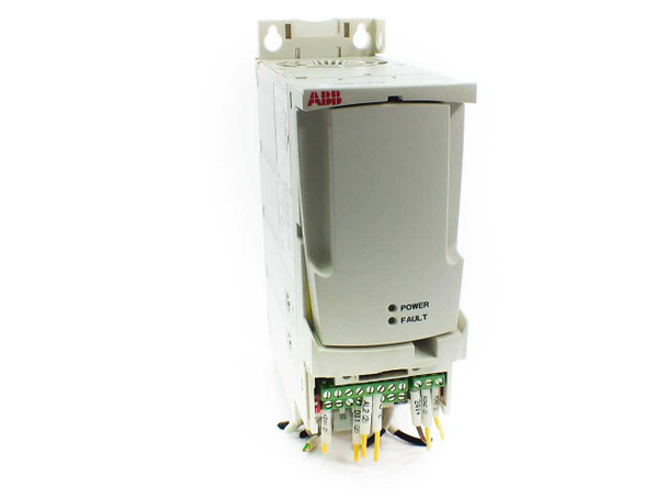 ABB ACS355-03E-04A1-4 VFD front view showing ABB logo, POWER and FAULT indicator LEDs, and terminal wiring block