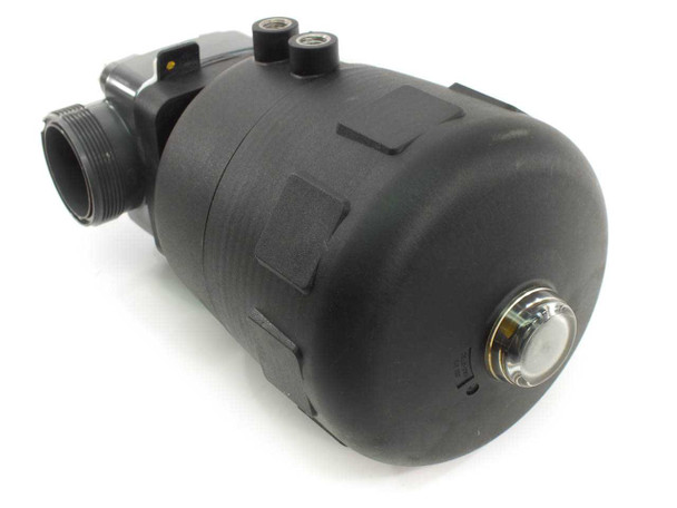 Burkert 2030 pneumatic diaphragm valve – right-side view showing plastic body, threaded true union port, actuator end cap with indicator window