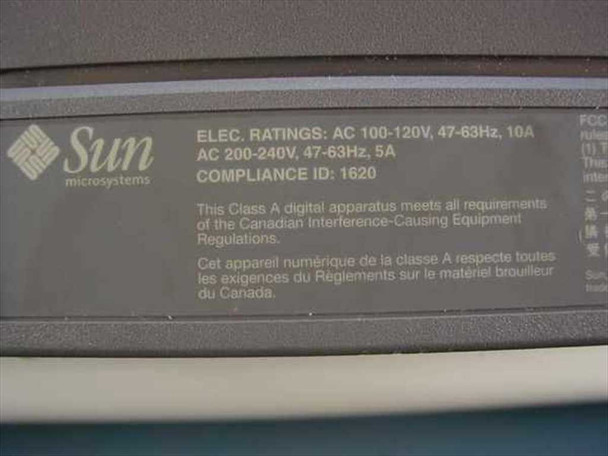 Sun Enterprise Network Array 1620 – close-up of rating label showing AC 100-240V electrical specs and Compliance ID 1620