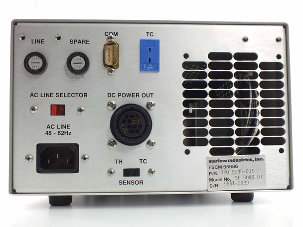 Marlow Industries SE5000 rear panel close-up — label showing P/N 110-9045-001, Model SE5000, FSCM 55686, and all rear connectors including AC Line 48–62 Hz selector