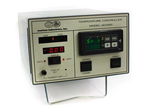 Marlow Industries SE5000 Temperature Controller front panel — dual LED/digital display, Heat/Cool indicators, Operate/Standby/Power buttons, and Current Limit knob