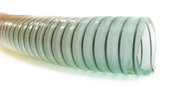 Polyspring high vacuum transfer hose 1.5-inch ID with clear spiral reinforcement — coiled section end-on view showing transparent PVC body and rigid spring helix