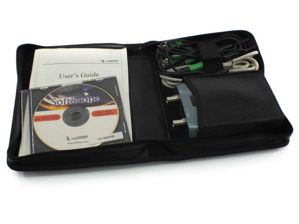 SoftDSP SDS200 oscilloscope open carrying case showing the unit, two probes, USB cable, SoftScope software CD, and User's Guide