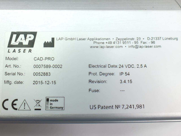 LAP CAD-PRO laser projector rating label — Art. No. 0007589-0002, 24 VDC 2.5A, IP 54, Revision 3.4.15, manufactured December 2015, Made in Germany