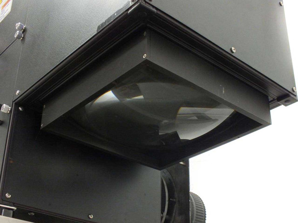 OAI TriSol Solar Simulator output port close-up showing large collimated Fresnel/condenser lens assembly inside the bottom output aperture