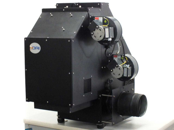 OAI TriSol Solar Simulator right-side view showing two large blower fan assemblies with OAI logo on left panel and large output lens port at bottom