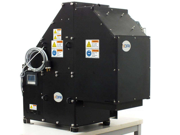 OAI TriSol 0130-0120-03 Solar Simulator front-left view showing angled black enclosure, OAI logo, safety warning labels, and front control panel with small display