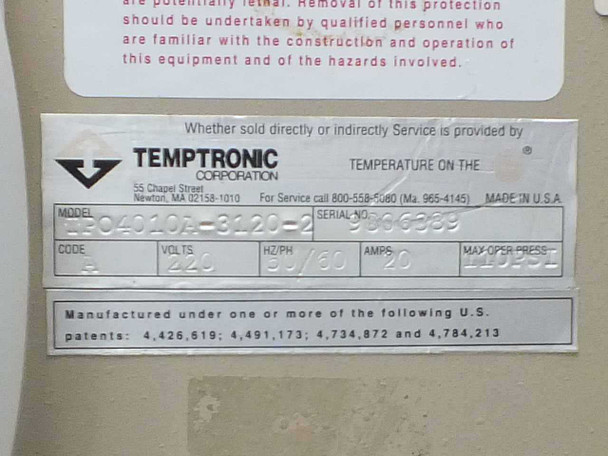 Temptronic TPO4010A-3120-2 rating plate label showing model TPO4010A-3120-2, serial number 9006389, 220V, 50/60Hz, 20A, Made in USA