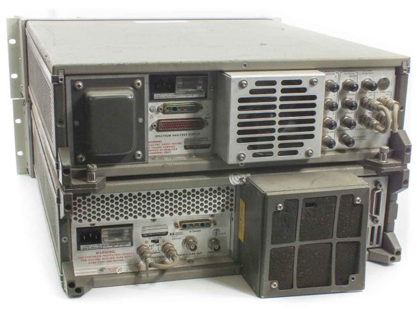 HP 8566B Spectrum Analyzer rear view showing power inlet, GPIB connector, ventilation grilles, RF ports, and 85660B display unit rear panel
