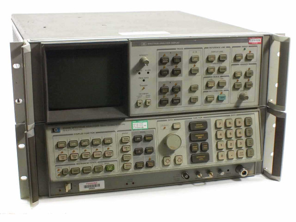 HP 8566B Spectrum Analyzer front view stacked with 85660B display unit — front panel showing CRT display, frequency/amplitude controls, and function keypad