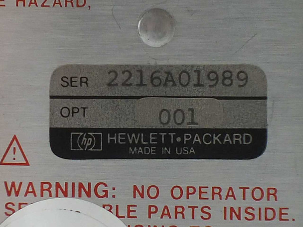 HP 8568A serial number label showing SER 2216A01989, OPT 001, Hewlett-Packard Made in USA