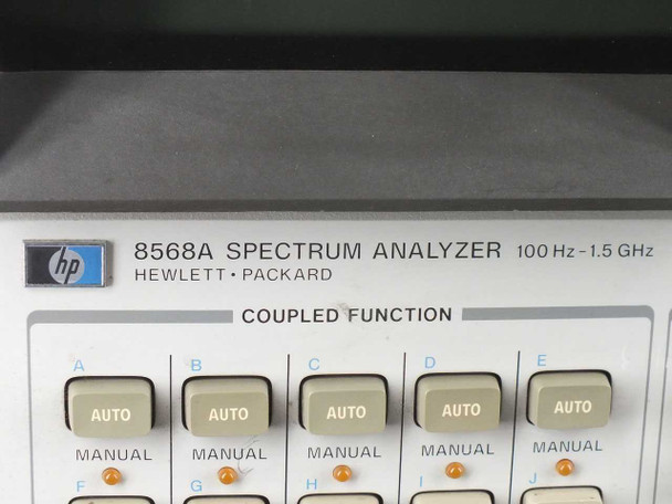 HP 8568A Spectrum Analyzer front panel close-up showing Hewlett-Packard branding, '8568A SPECTRUM ANALYZER 100 Hz–1.5 GHz' label, and COUPLED FUNCTION AUTO/MANUAL control buttons