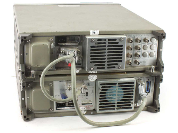 HP 8568A Spectrum Analyzer rear panel showing power supply, cooling fan, RF connectors, and GPIB interface port