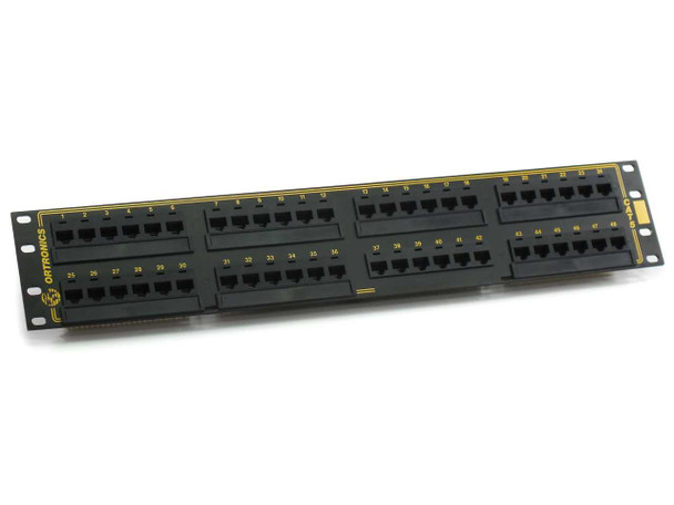 Ortronics OR-851044973 48-port Cat5e 2U rackmount patch panel front view showing all 48 RJ-45 ports in four groups