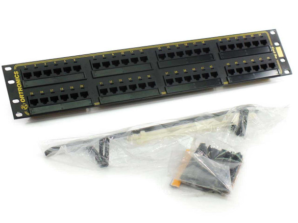 Ortronics OR-851004038 48-port Cat5e patch panel front view with wire management bar and bagged accessories including designation strips