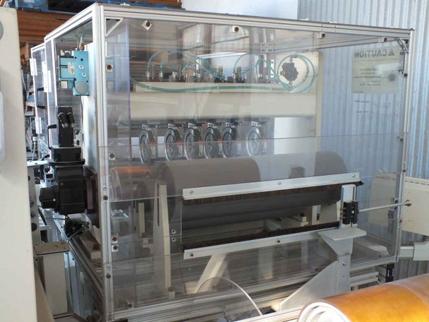 Interior slitter section view – six Tidland Performance Series Class II knife cutters with pneumatic actuators over black slitter roll