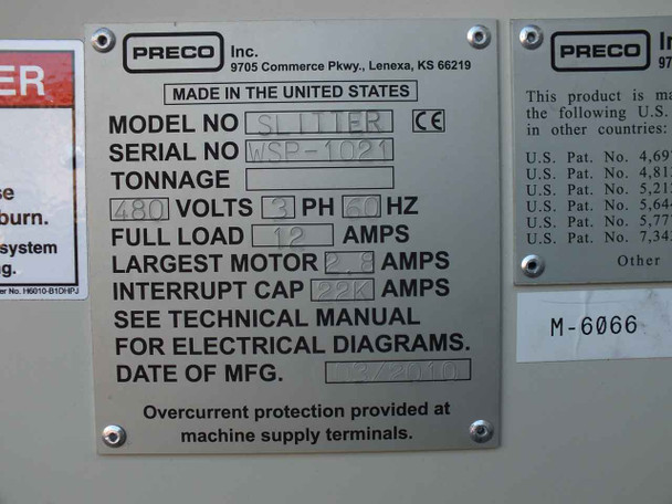 Preco SLITTER model nameplate – shows model SLITTER, 480V 3-Phase 60Hz, 12A full load, Made in USA, Preco Inc. Lenexa KS