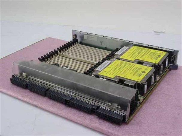 Sun Microsystems 525-1387-19 SPARC CPU Memory Board – rear angle view showing large edge connector at bottom, full memory slot bank, two yellow Sun-labeled modules, and metal chassis frame