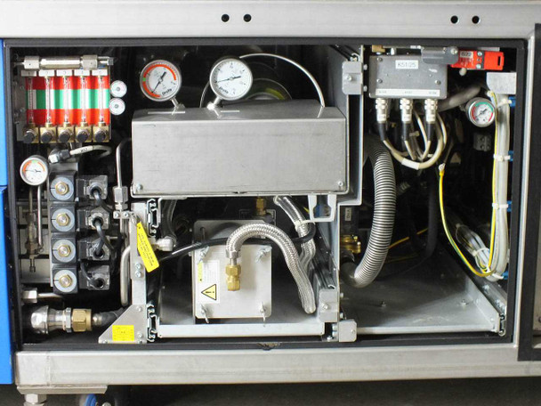 Lambda Physik NovaLine K2020B gas handling bay – pressure gauges, gas manifold, flow controllers, and pneumatic plumbing