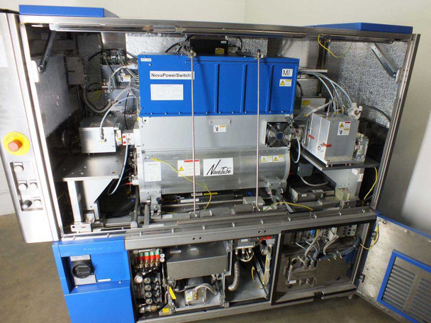 Lambda Physik NovaLine K2020B interior view – top access panels open showing NovaTube laser tube, NovaPowerSwitch module, and internal wiring