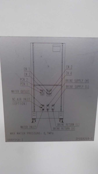 Daikin UBRPD5A-2 Brine Chiller – close-up of adhesive diagram label on rear panel showing connection schematic for CN1–CN4, PCN1–PCN2, brine supply/return (H/L), water inlet/outlet, and N2 air inlet option; max water pressure 0.7 MPa; drawing no. 3P068209-1