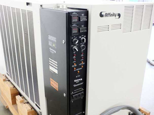Affinity CWA-100K-MP21CB chiller – right-side control panel with dual digital temperature controllers, rotary knobs, and indicator lights