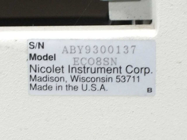 Nicolet ECO-8S serial number label: S/N ABY9300137, Model ECO8SN, Nicolet Instrument Corp., Madison WI, Made in USA, Rev B