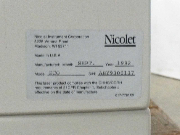 Nicolet ECO-8S manufacture label: manufactured September 1992, Model ECO, S/N ABY9300137, DHHS/CDRH laser compliance, part 017-7781XX
