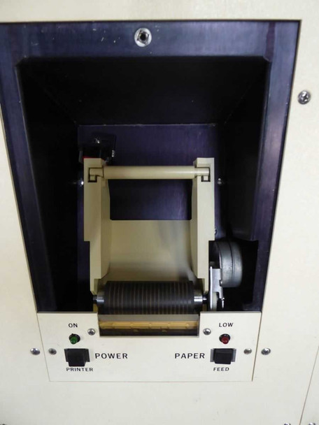 Rudolph Research AutoEL 135A5C – internal printer compartment open, showing paper feed roller and Power/Paper Feed controls