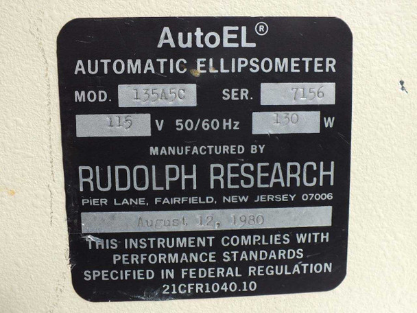Rudolph Research AutoEL 135A5C – rating plate showing model 135A5C, serial 7156, 115V 50/60Hz 130W, manufactured August 12 1980