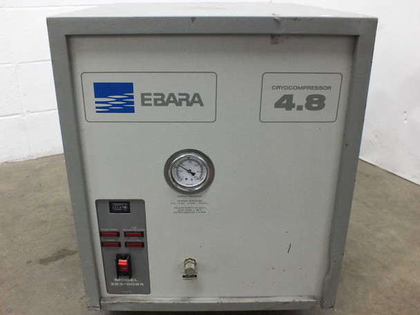 Ebara CryoCompressor 4.8 323-0084 front panel close-up showing EBARA logo, CryoCompressor 4.8 label, pressure gauge, and model number sticker 323-0084