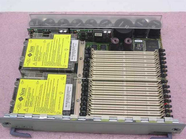 Sun Microsystems 525-1387-17 CPU Memory Board — overhead view showing both yellow Sun CPU modules, memory banks, and board components with handle rail visible