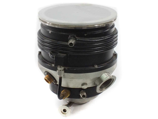 Alcatel 5402 CIS turbo pump – side and bottom view showing inlet port fittings, brass connectors, and KF flange outlet