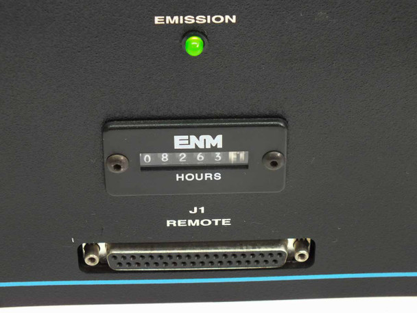 Spectra-Physics R2-740 front panel close-up showing green Emission indicator LED, ENM hour meter reading 08263 hours, and J1 Remote D-sub connector