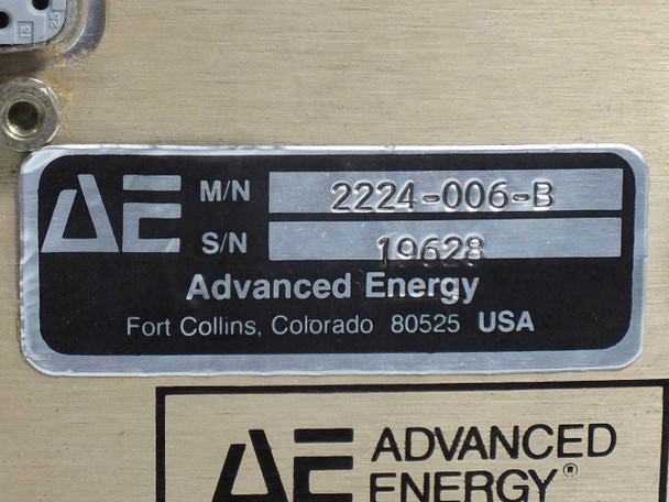Advanced Energy MDX-2.5K nameplate label showing model number 2224-006-B, serial number, and Fort Collins Colorado USA manufacturer detail