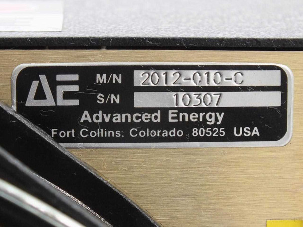 Advanced Energy MDX-10K rating label — M/N 2012-010-C, S/N 10307, manufactured in Fort Collins, Colorado USA