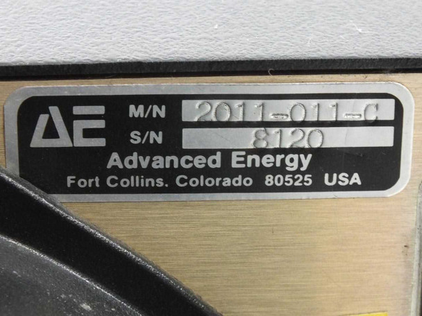 Advanced Energy MDX 2011-011-C front panel with dual digital displays, KW/Volts/Amps readouts, status indicator LEDs, and Emergency Stop button