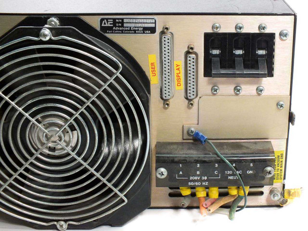 MDX 2011-011-C rear panel showing three-position circuit breaker array, USER and DISPLAY DB-25 connectors, and dual axial exhaust fans