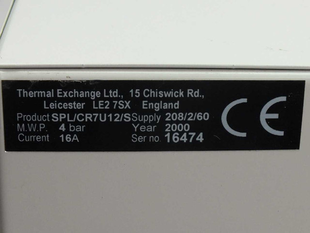 Thermal Exchange SPL/CR7U12/S chiller — rating plate showing model SPL/CR7U12/S, 208/2/60 supply, 16A current, 4 bar MWP, year 2000, serial number 16474, CE mark