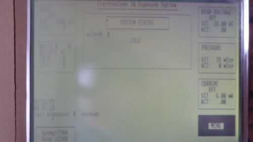 ElectronCure 30X system status screen – GUI display showing 'ElectronCure 30 Exposure System' system status with beam voltage, pressure, and current readout fields