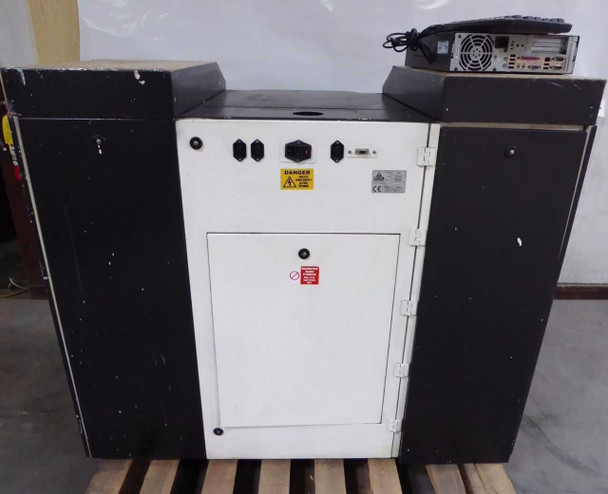 Corob AC10000 paint dispenser rear view showing power inlet panel with IEC connectors, danger warning label, CE certification label, and door with no-flame symbol sticker