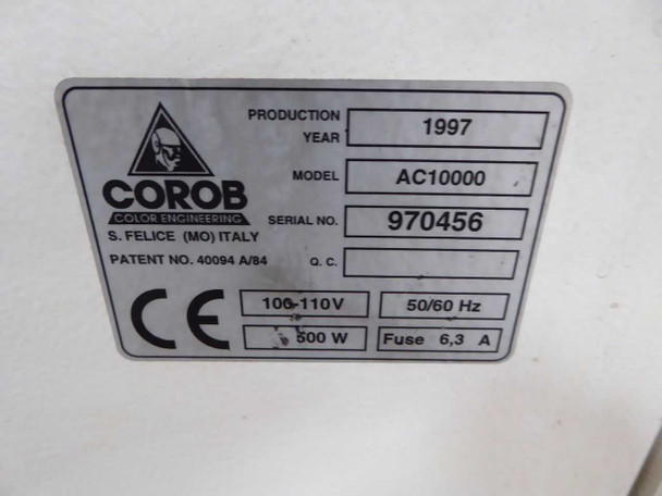 Corob Color Engineering rating plate showing Model AC10000, Production Year 1997, Serial No. 970456, 100-110V 50/60Hz 500W Fuse 6.3A, CE mark, Patent 40094 A/84, S. Felice MO Italy