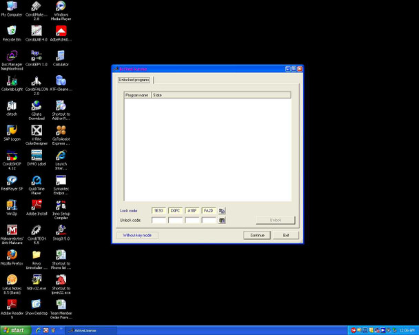 CorobSHOP software license activation dialog on Windows XP showing unlicensed programs list and unlock code entry fields — programs showing inactive/unlicensed state