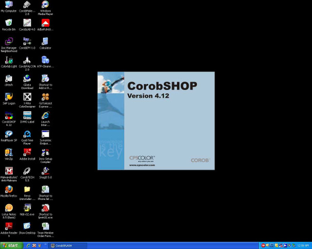 CorobSHOP Version 4.12 splash screen displayed on Dell PC controller running Windows XP, showing GPS Color branding and Corob logo