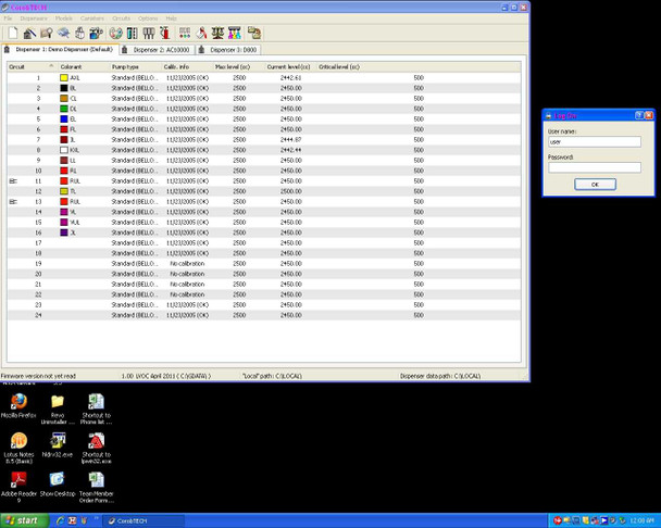 CorobSHOP software dispenser interface showing colorant channel grid for AC10000 dispenser with 24 colorant rows, pump calibration data, current level readings, and login prompt overlay