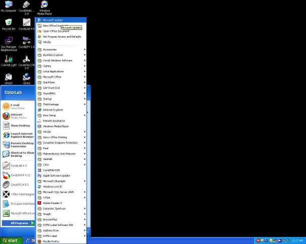 Windows XP Start menu on Dell PC controller showing installed Corob software suite including ColorLab, CorobiP, CorobFALCON, CorobLAB, CorobPOP, CorobTECH, CorobREADY and other applications