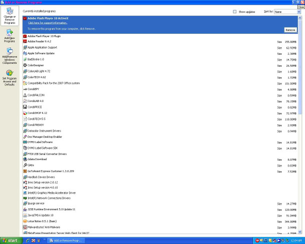 Windows Add or Remove Programs list on Dell PC controller showing full Corob software suite installations including CorobSHOP 4.12, CorobLAB 4.72, CorobPOP 4.2, CorobTECH 5.5, CorobREADY and supporting software