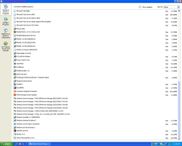 Windows Add or Remove Programs list final page showing additional installed programs including Mozilla Firefox, Windows XP Service Pack 3, Yahoo BrowserPlus, and various driver packages on Dell PC controller