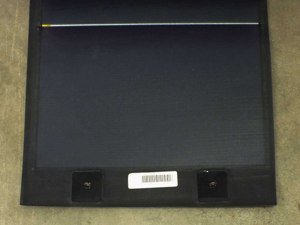 Close-up of bottom end of Xunlight XRS18-150 showing two exposed metal junction tab connectors and barcode label